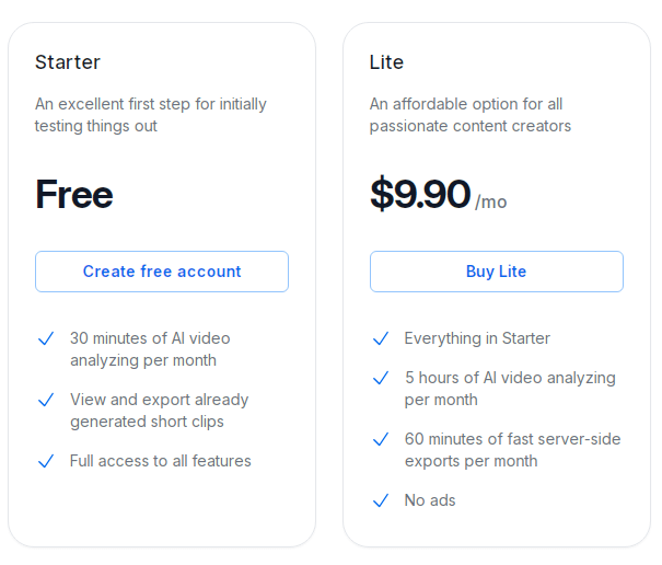 2short AI Starter and Lite plans