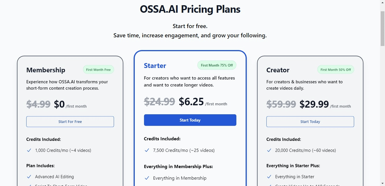 Ossa AI Pricing