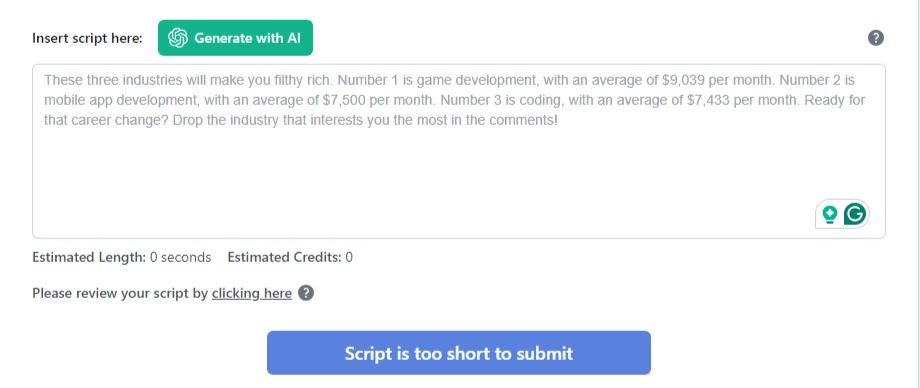 Adding a script into a faceless AI video generator