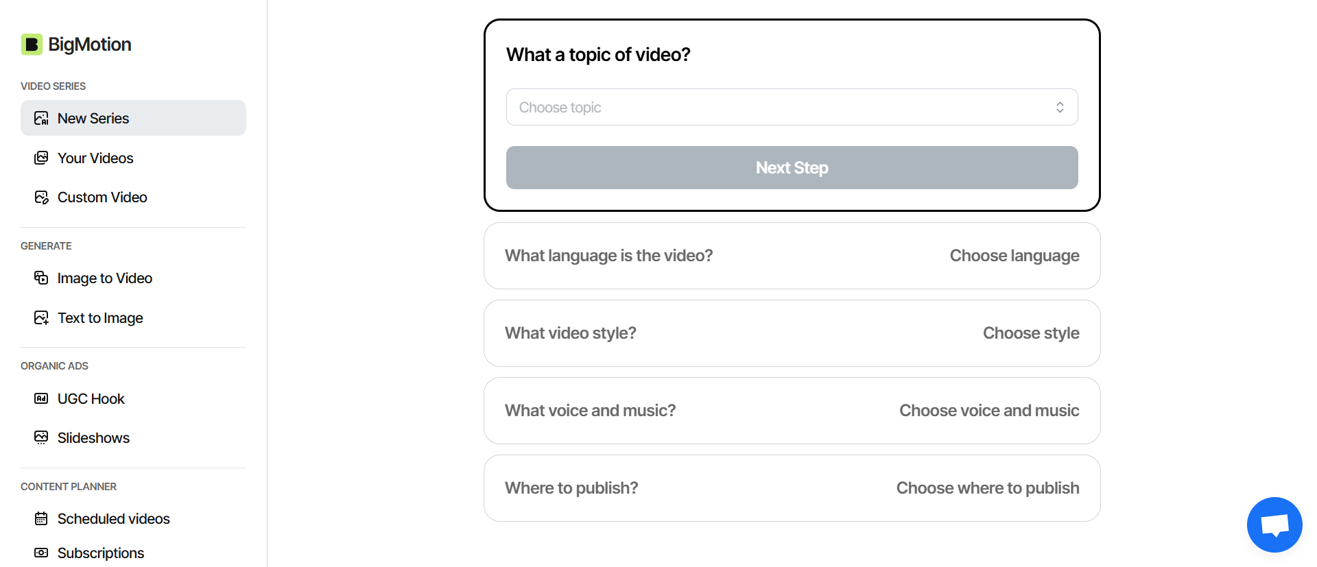 BigMotion AI vido creation interface with create serious option, text to vide and image to video features