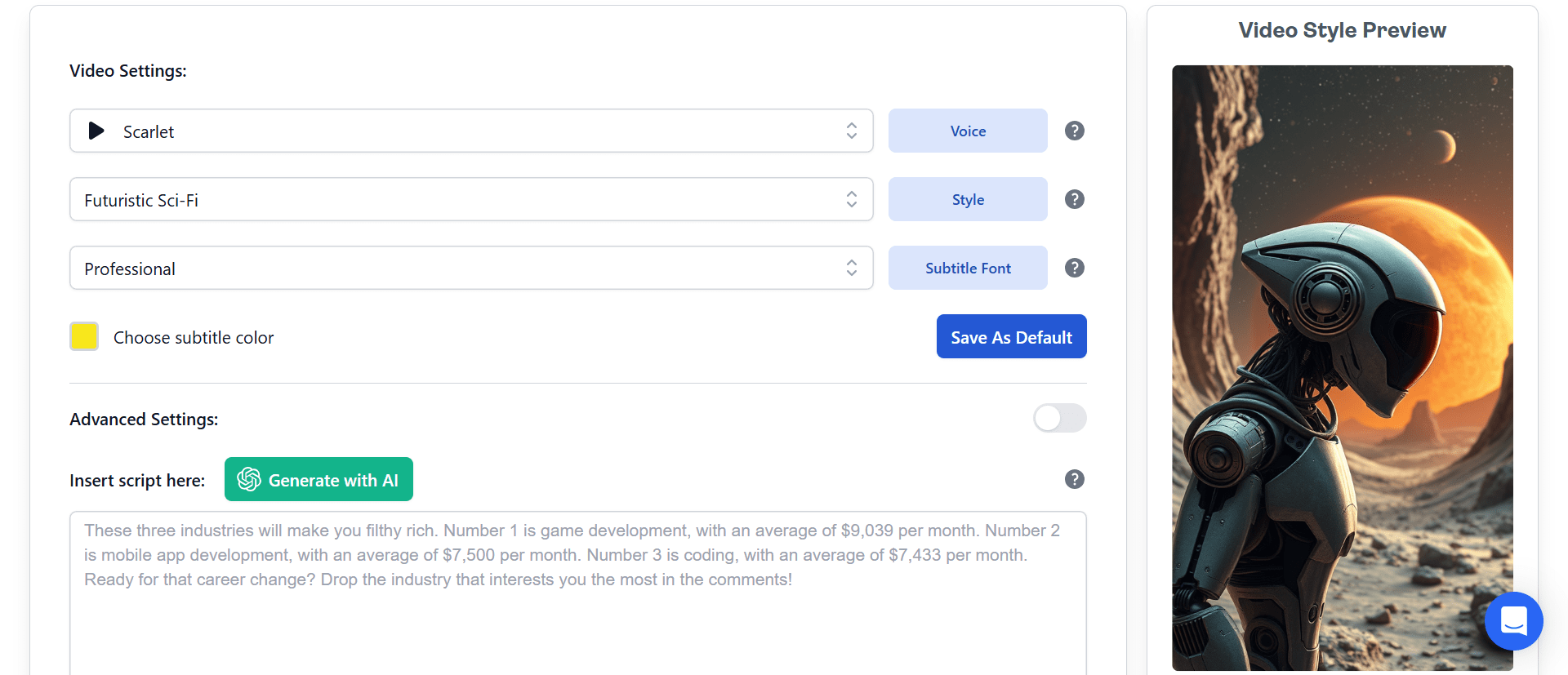 Ossa AI faceless AI video Generator dashboard where video creation takes place