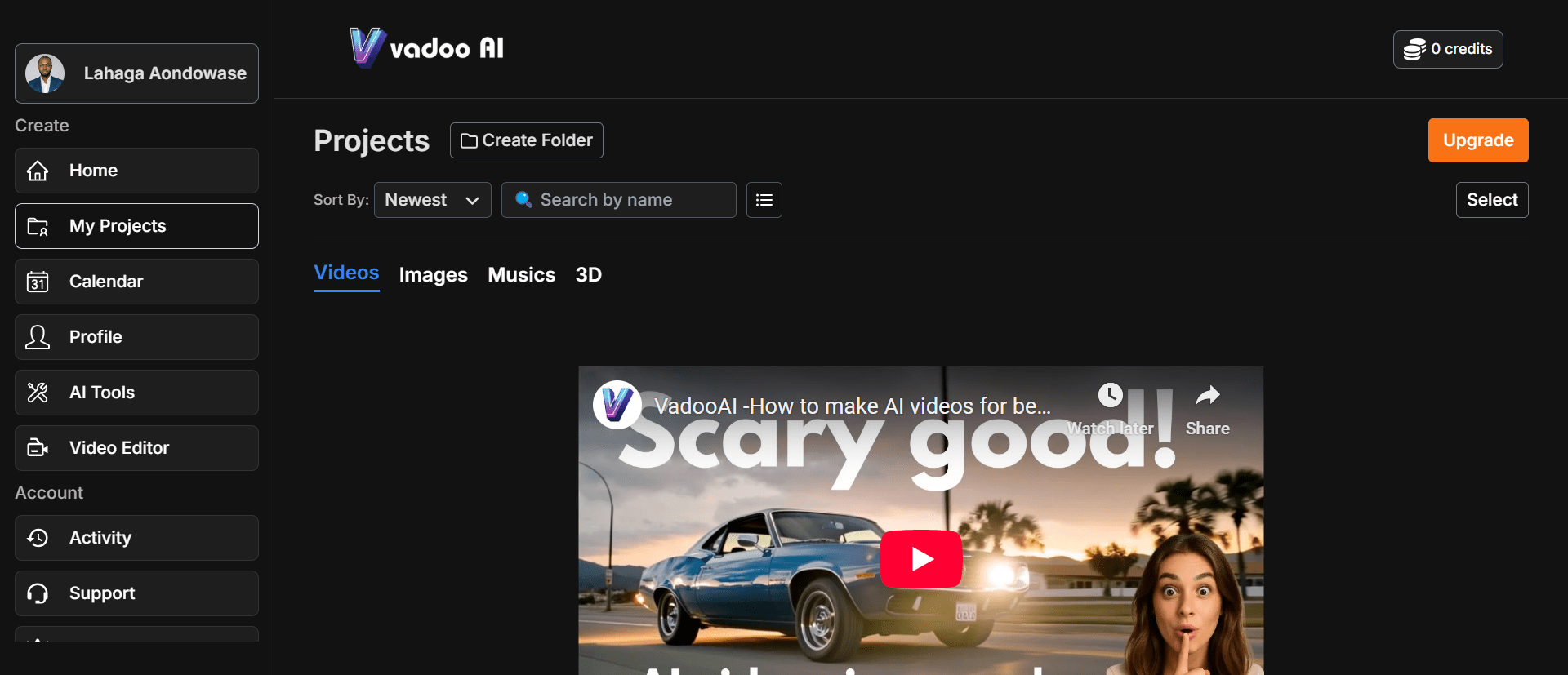 Vadoo AI video generator and editor interface with all the AI tools