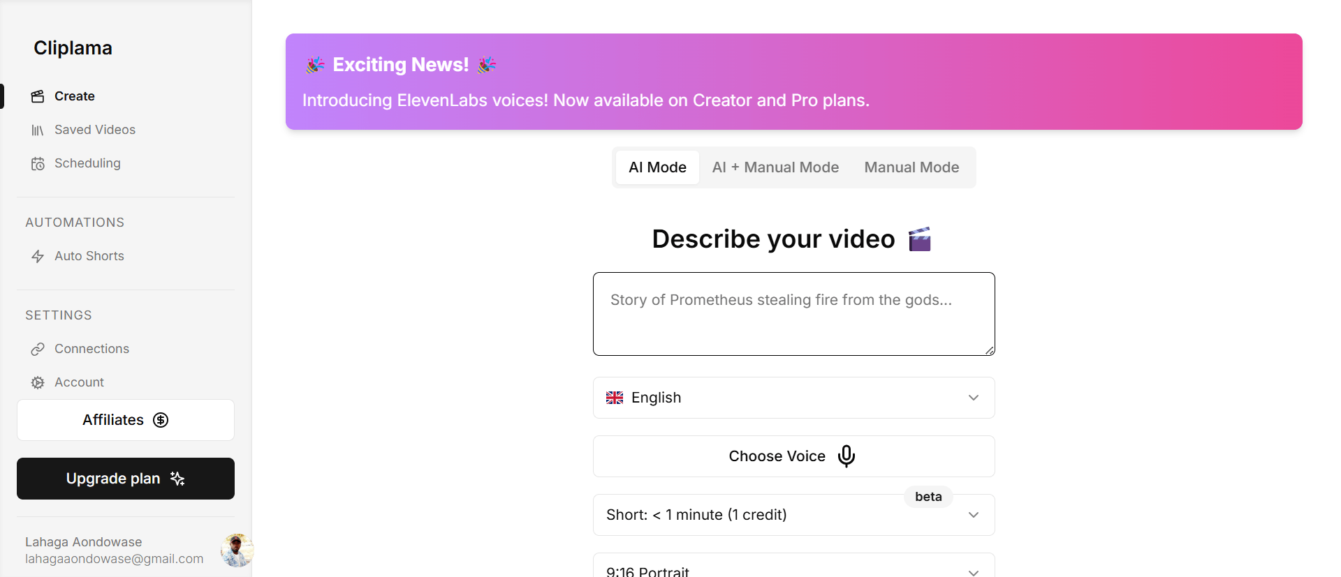 Cliplama AI video generator with auto shorts dashboard