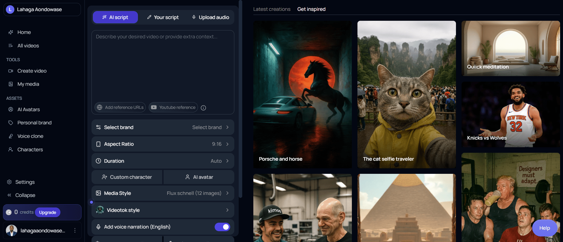Videotok AI  video maker dashboard with AI script maker, AI avatars and voice cloning