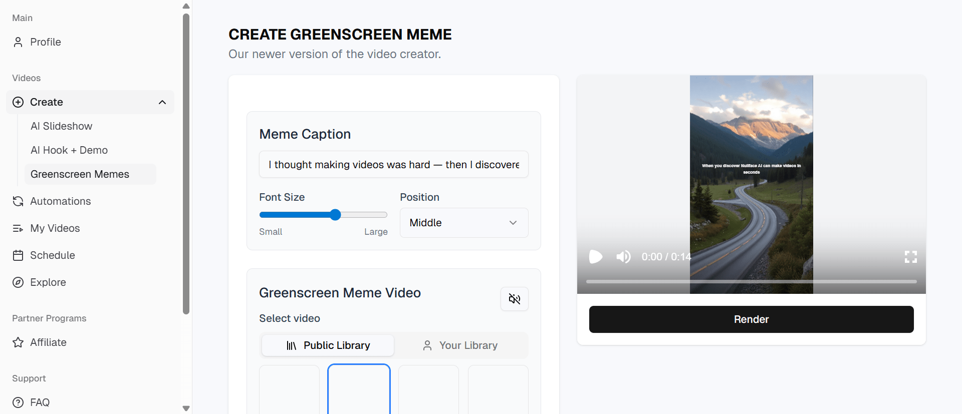 Nullface faceless AI video generator interface with green screem meme and AI slide show generator