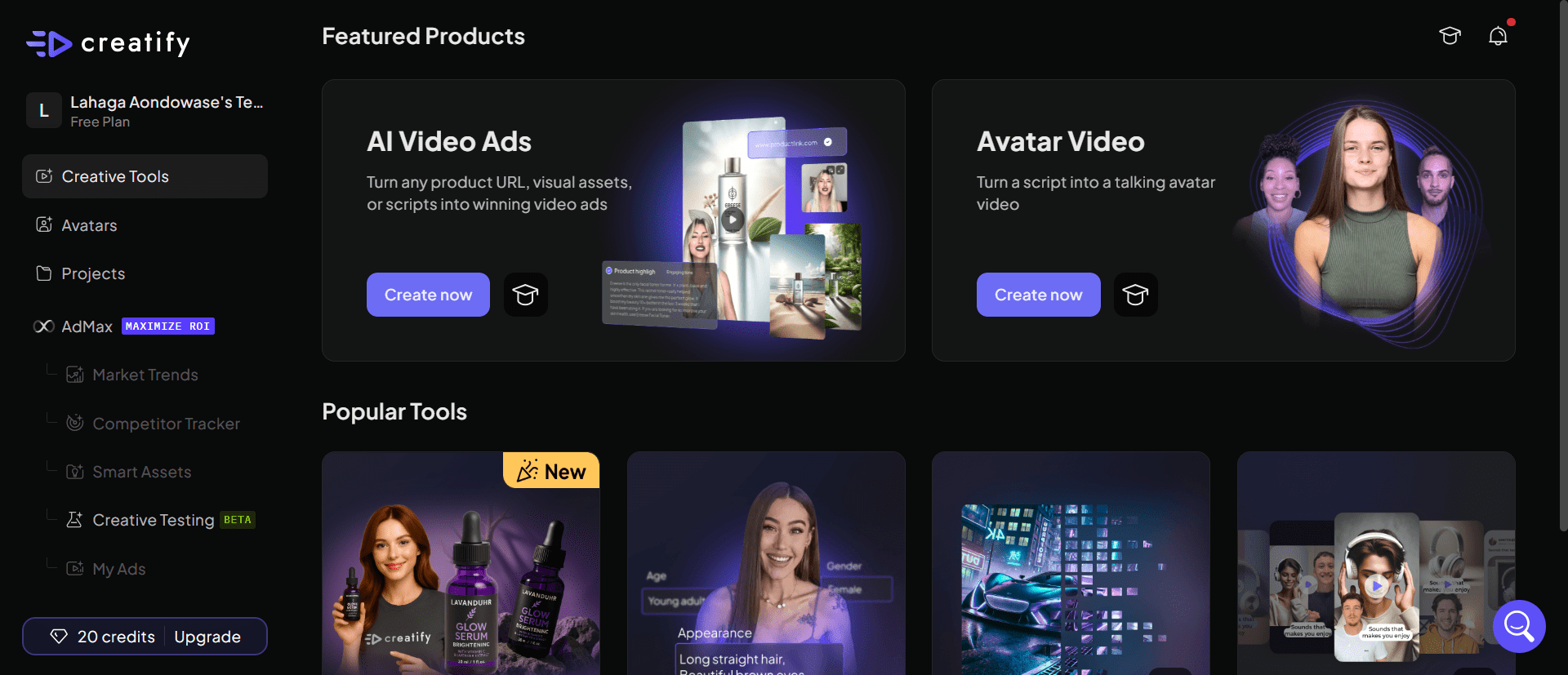 Creatify AI video creation dashboard with AI tools like AI video ads, avatar video and AI shorts