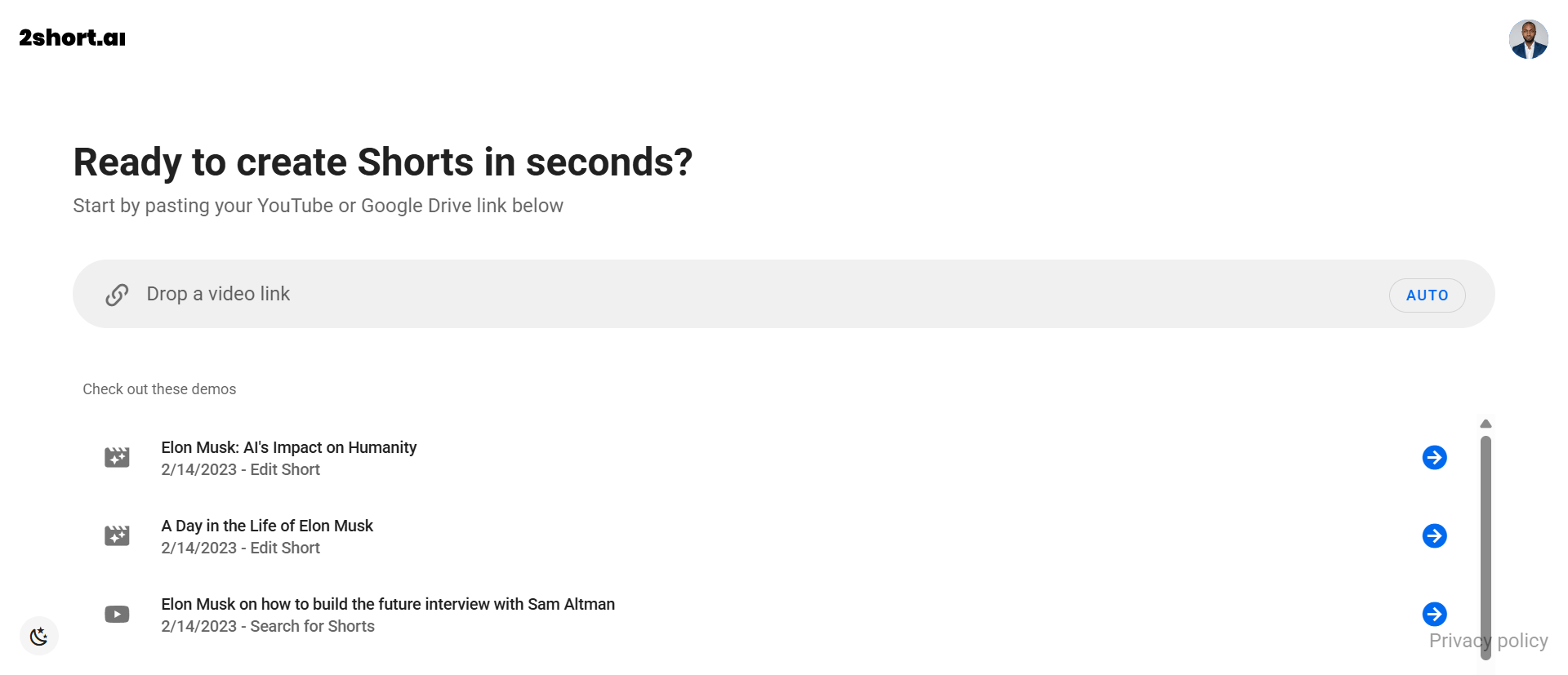 2short.ai link to video generator interface