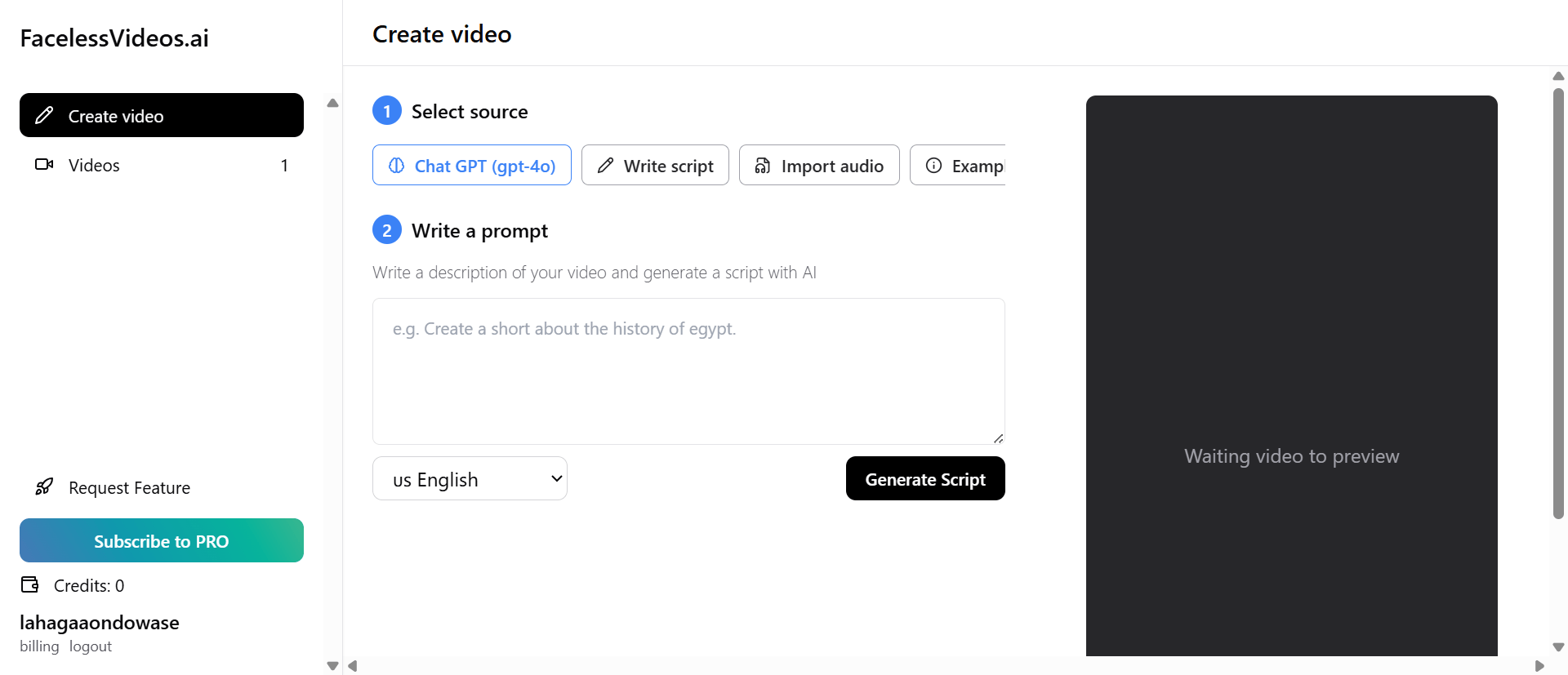 facelessvideos.ai video generator dashboard with GPT 4-o script generation