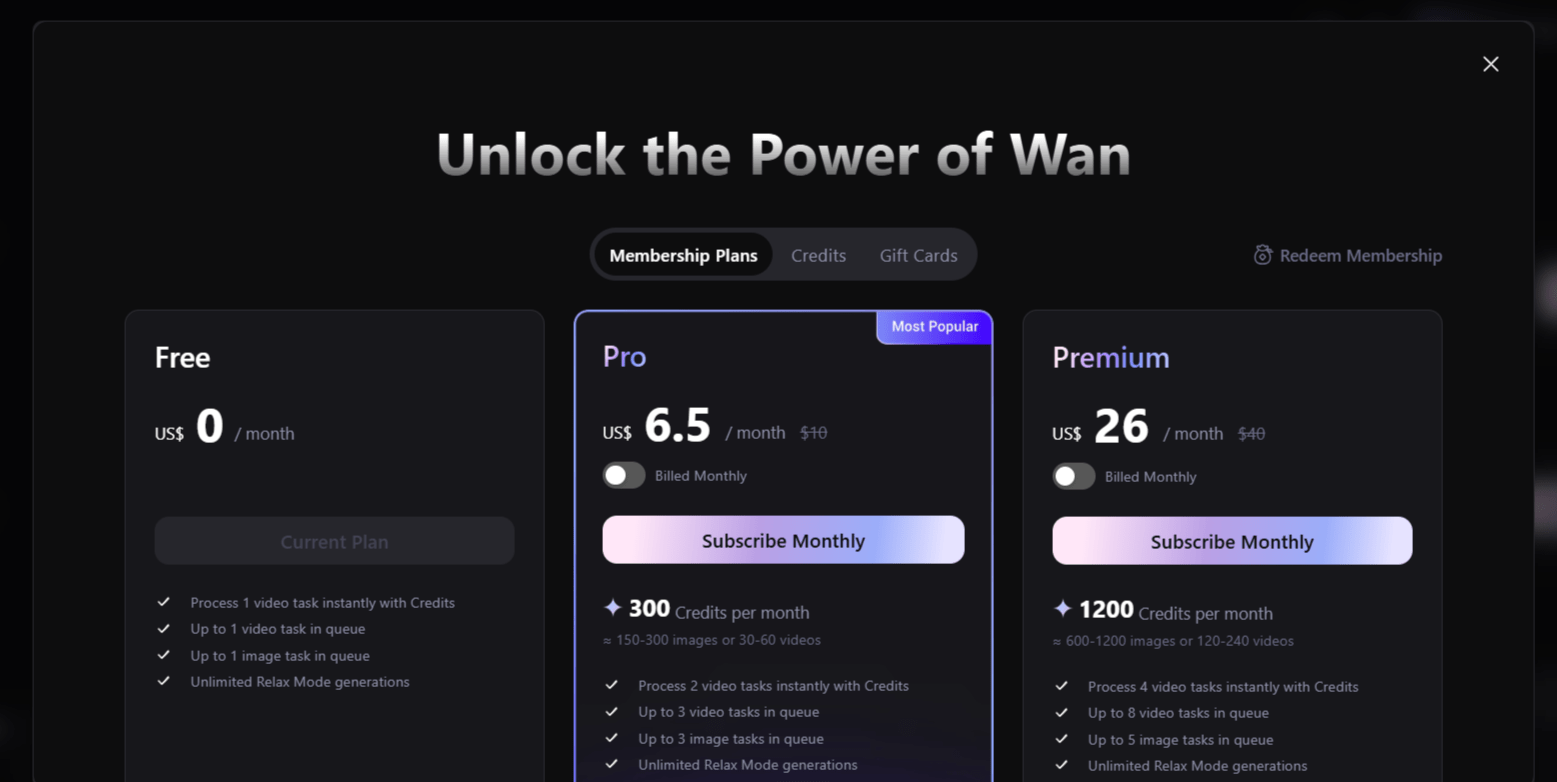 Wan AI Membership Plans