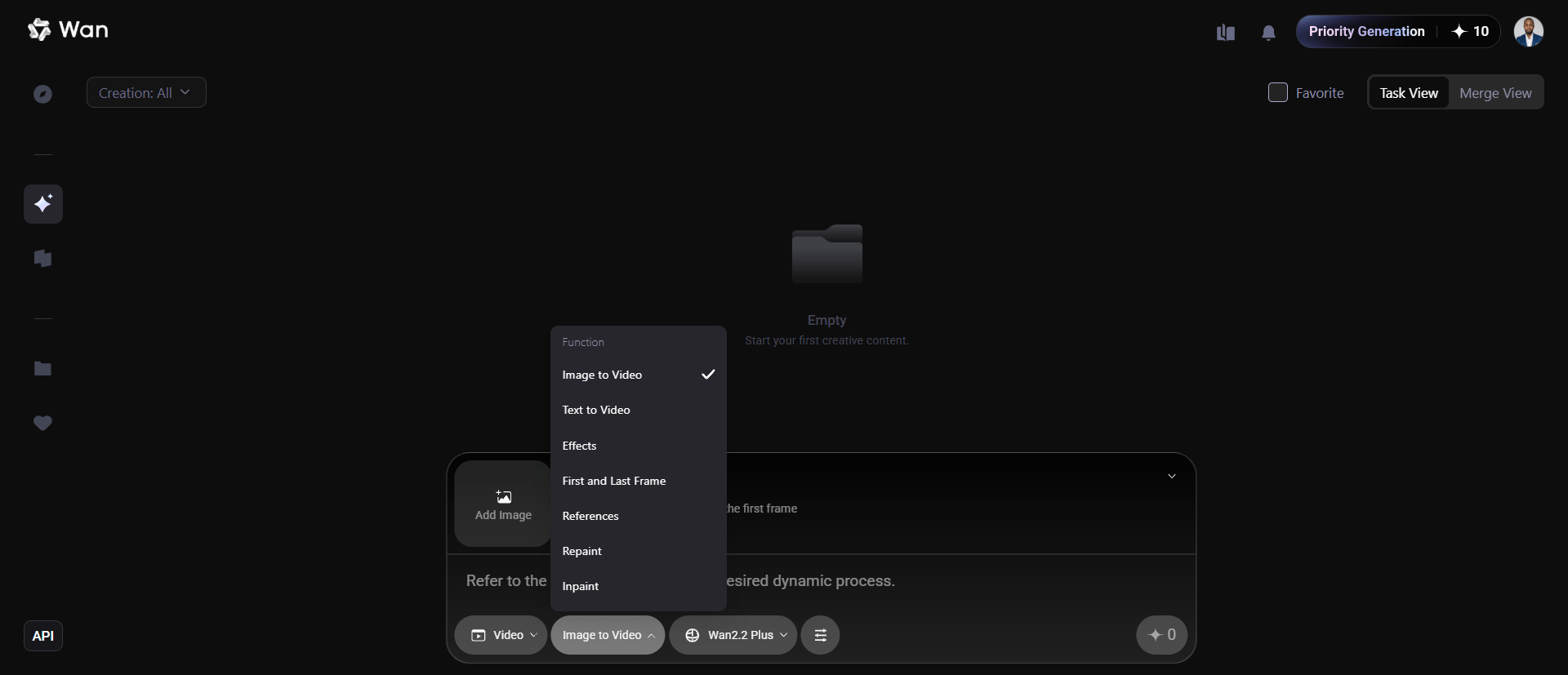 Wan AI Video Generation interface with text to video, image to video, effects, repaint and inpaint
