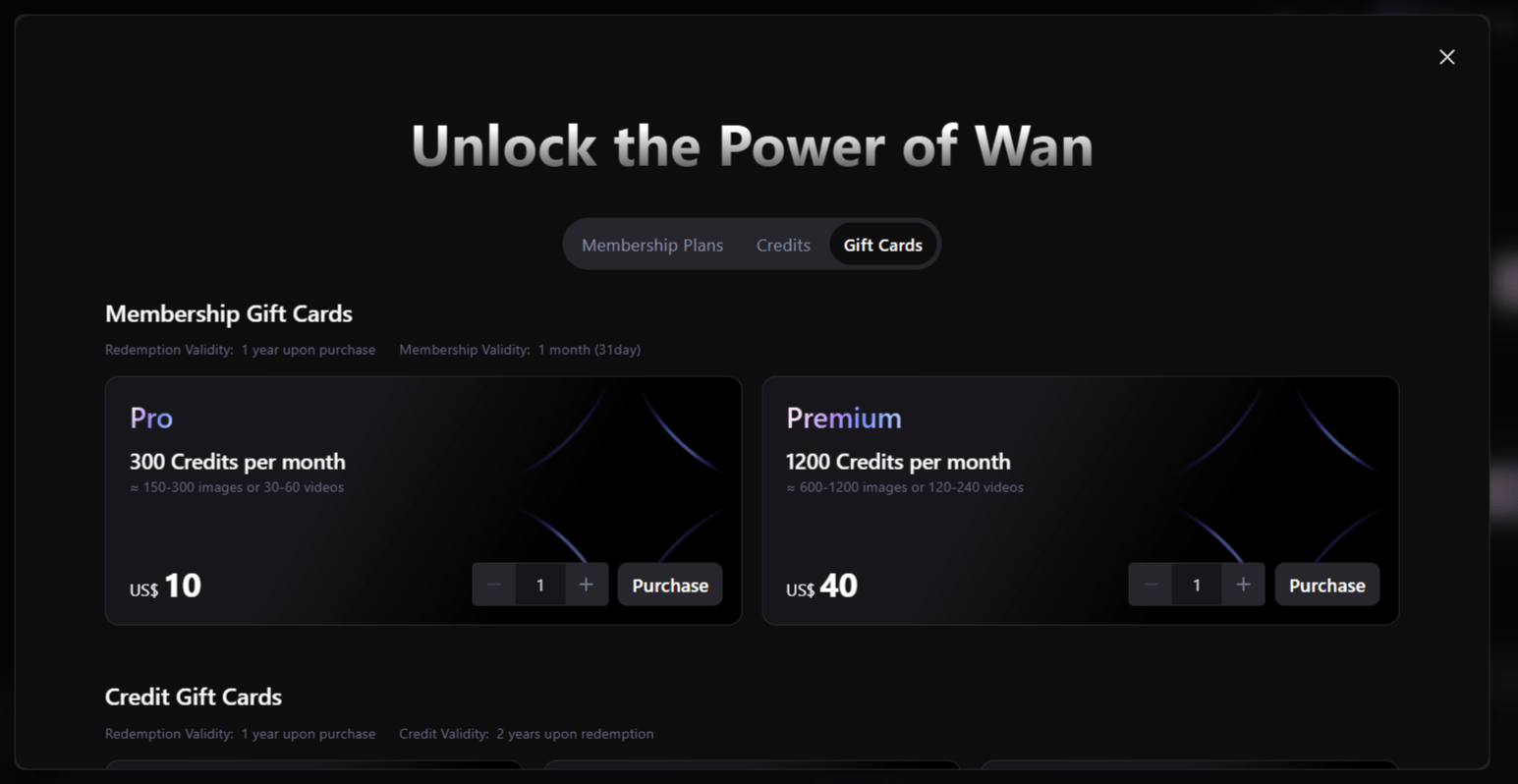 Wan AI Gift Card Plans