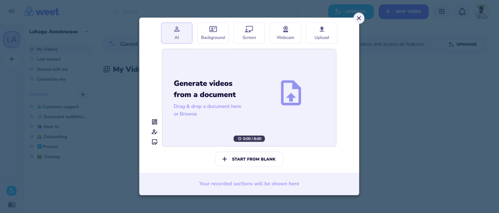 Weet AI video creation interface