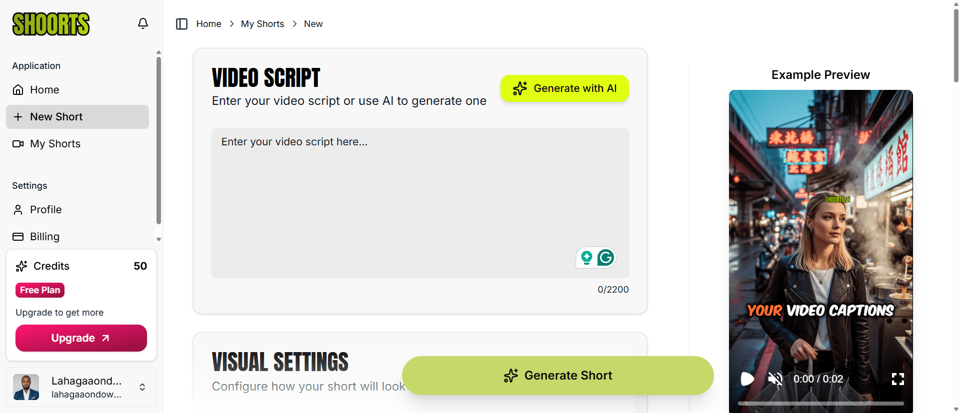 Shoorts AI Dashboard interface