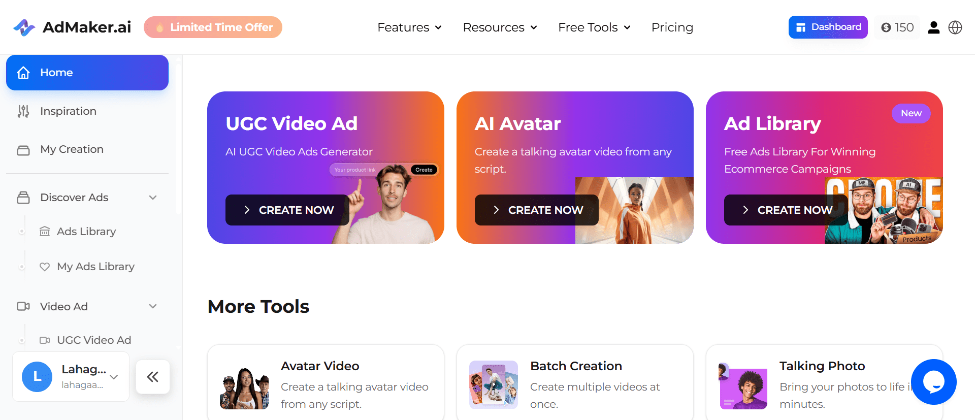 AdMaker AI dashboard interface with numerous tools