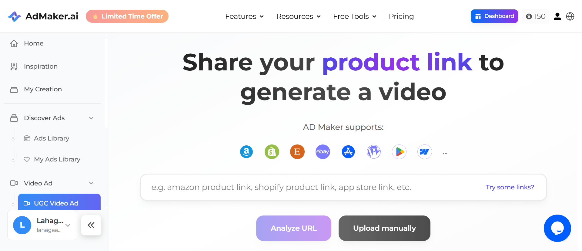 AdMaker AI UGC Ads generator interface