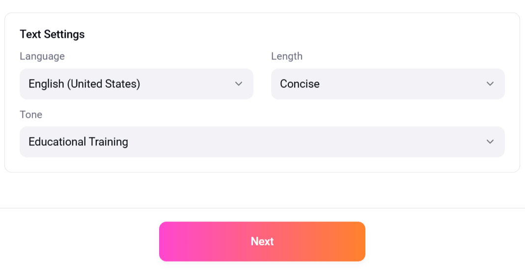 Choose the language, video length, and tone