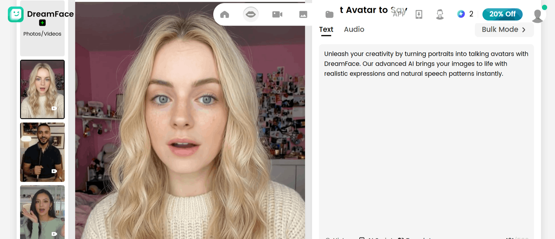 Dreamface AI video generation interface