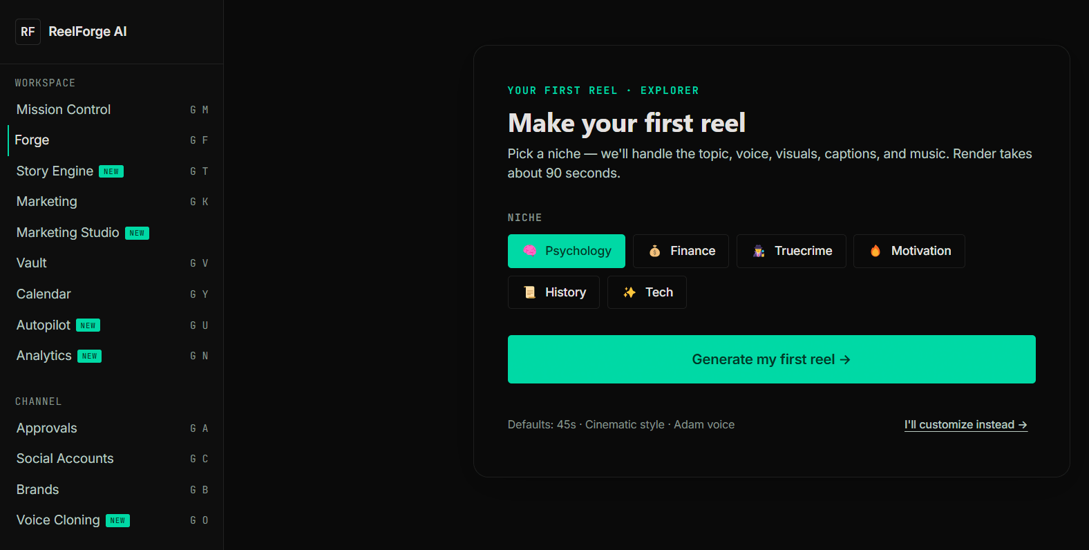 ReelForge AI dashboard