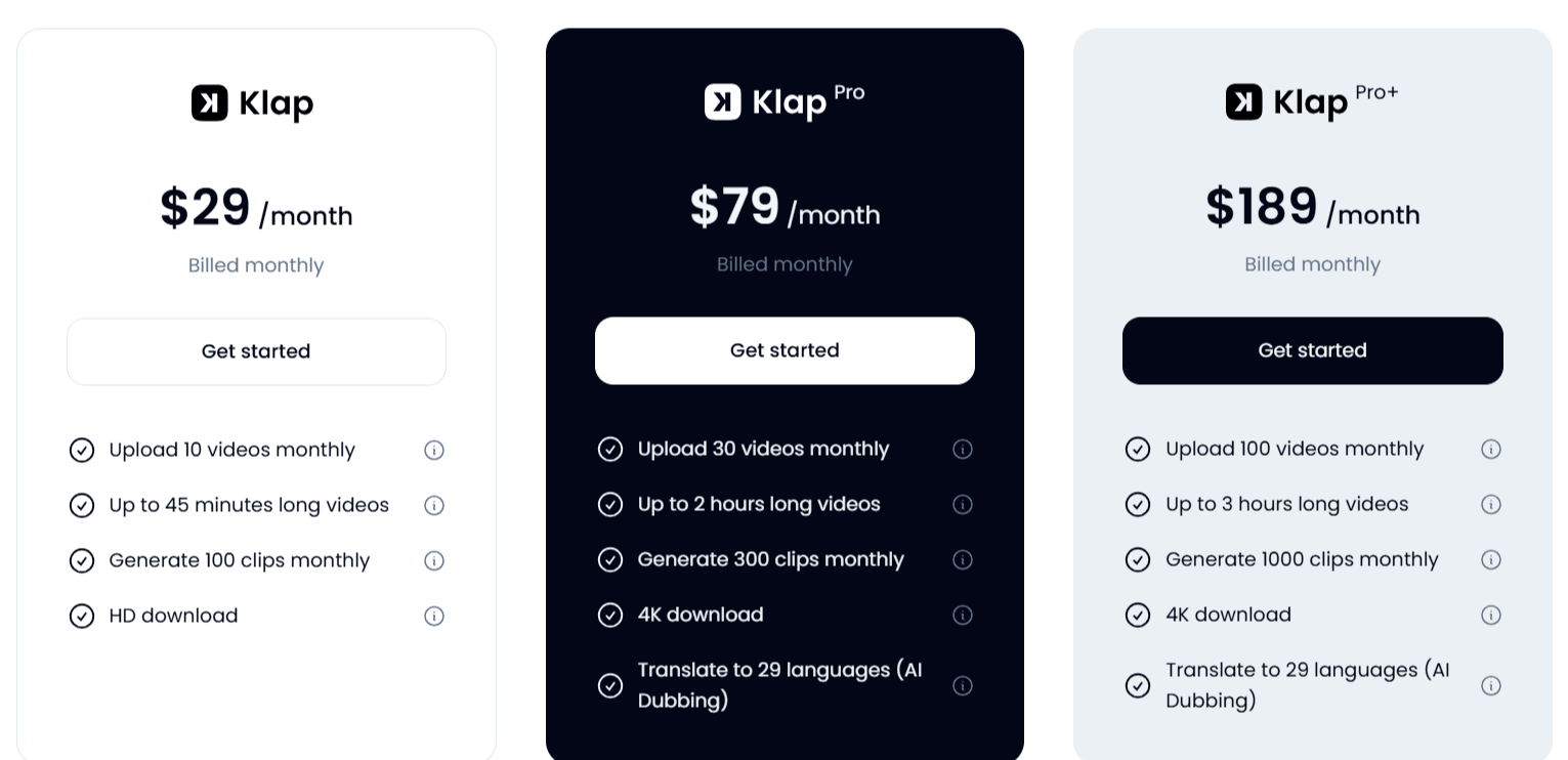 Klap AI Pricing and subscription plans