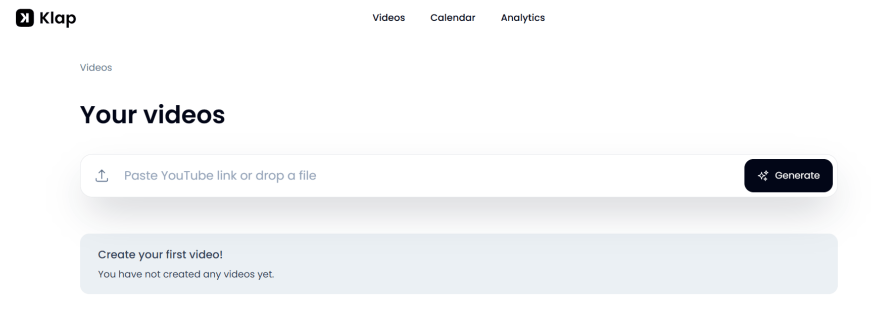 Klap AI video editor dashboard Interface