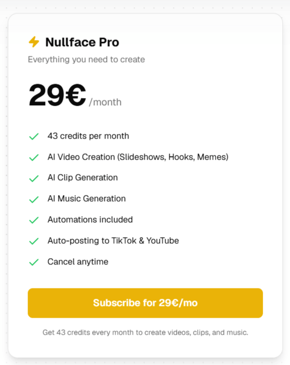 Nullface AI Pricing.