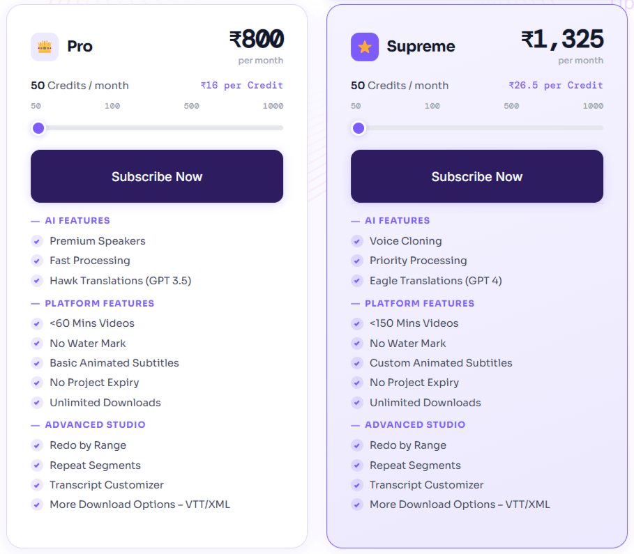 Dubverse AI Pricing.