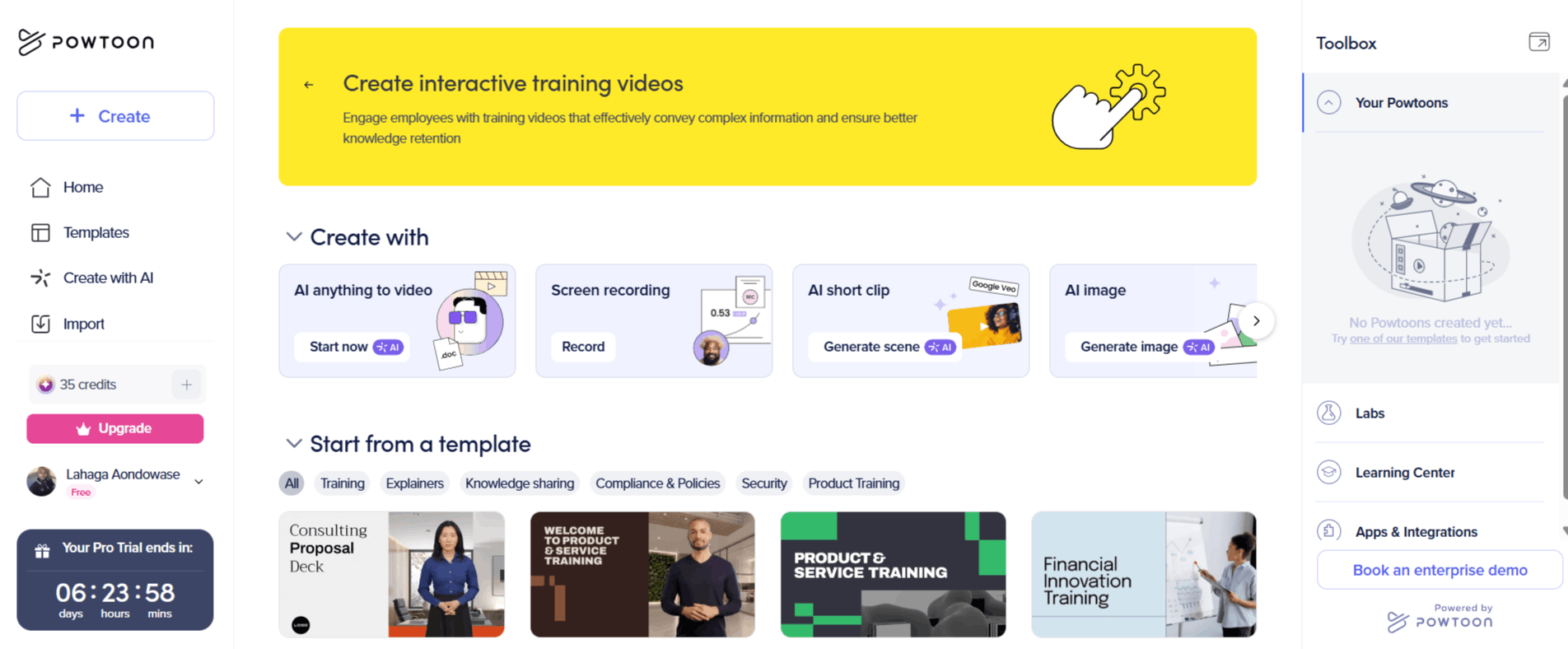 Powtoon AI Dashboard Interface