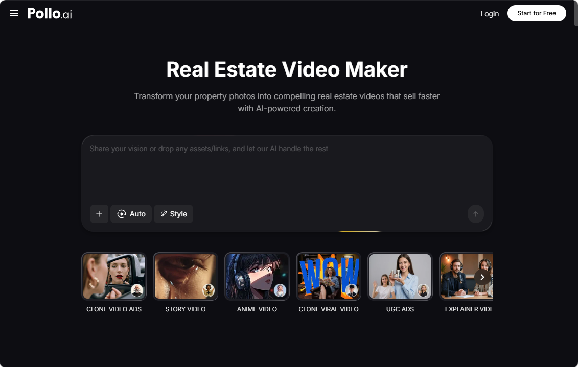 Pollo AI Interface. Real Estate Video Creator