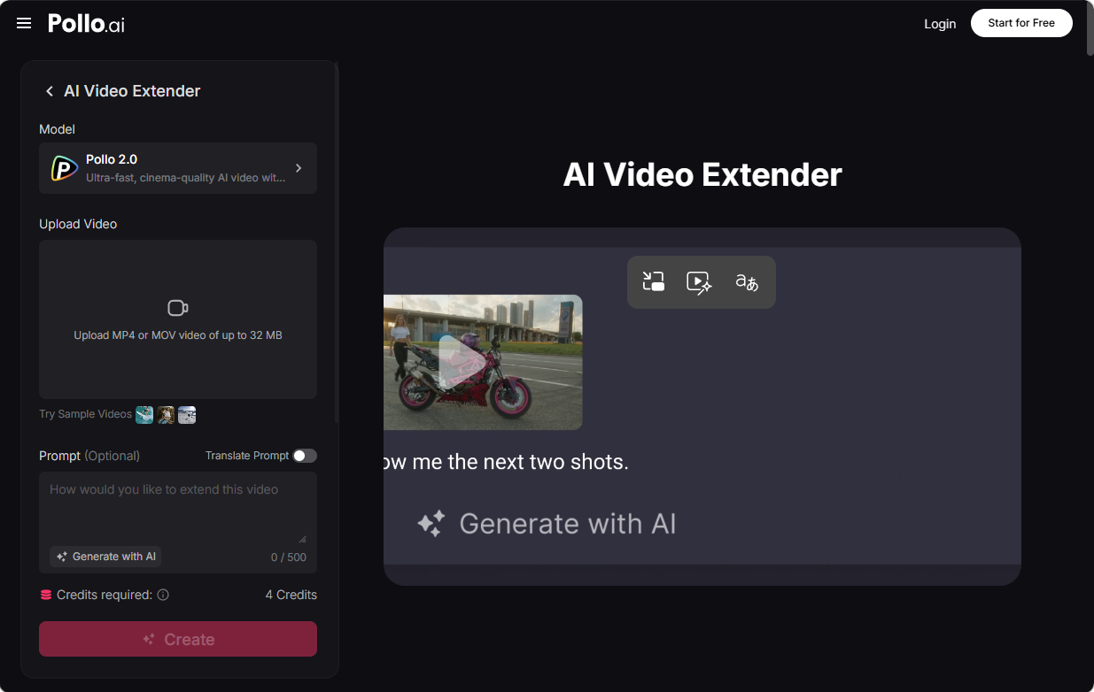 Pollo AI Video Extender Interface
